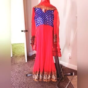 Red and Blue Anarkali Embroidered Dress